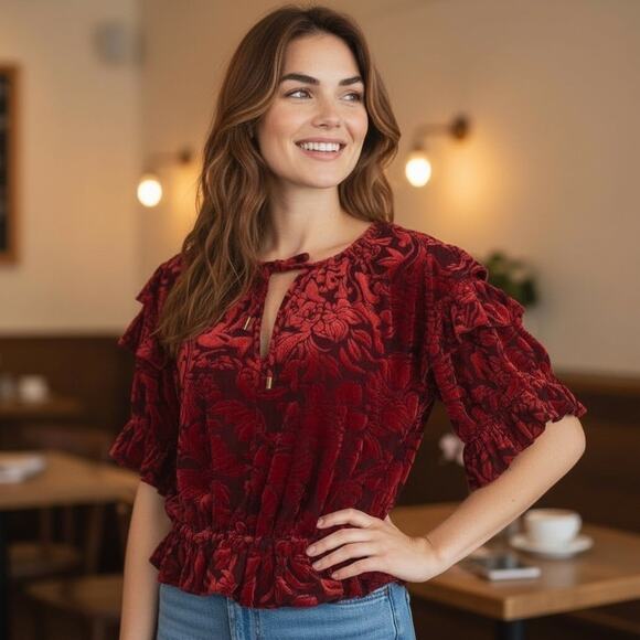 Free People Tops - Free People Red Velvet Peasant Top Sz M Boho Whimsigoth Blouse Puff Sleeve Indie
